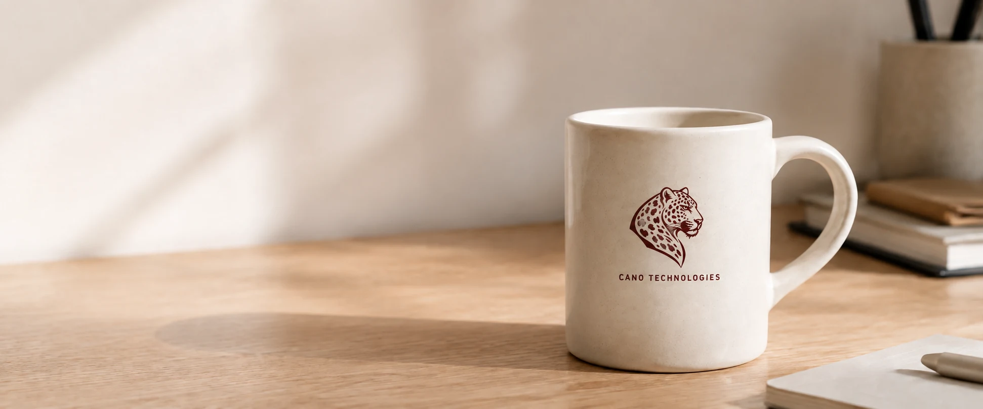 CANO Technologies mug on a warm wooden desk.