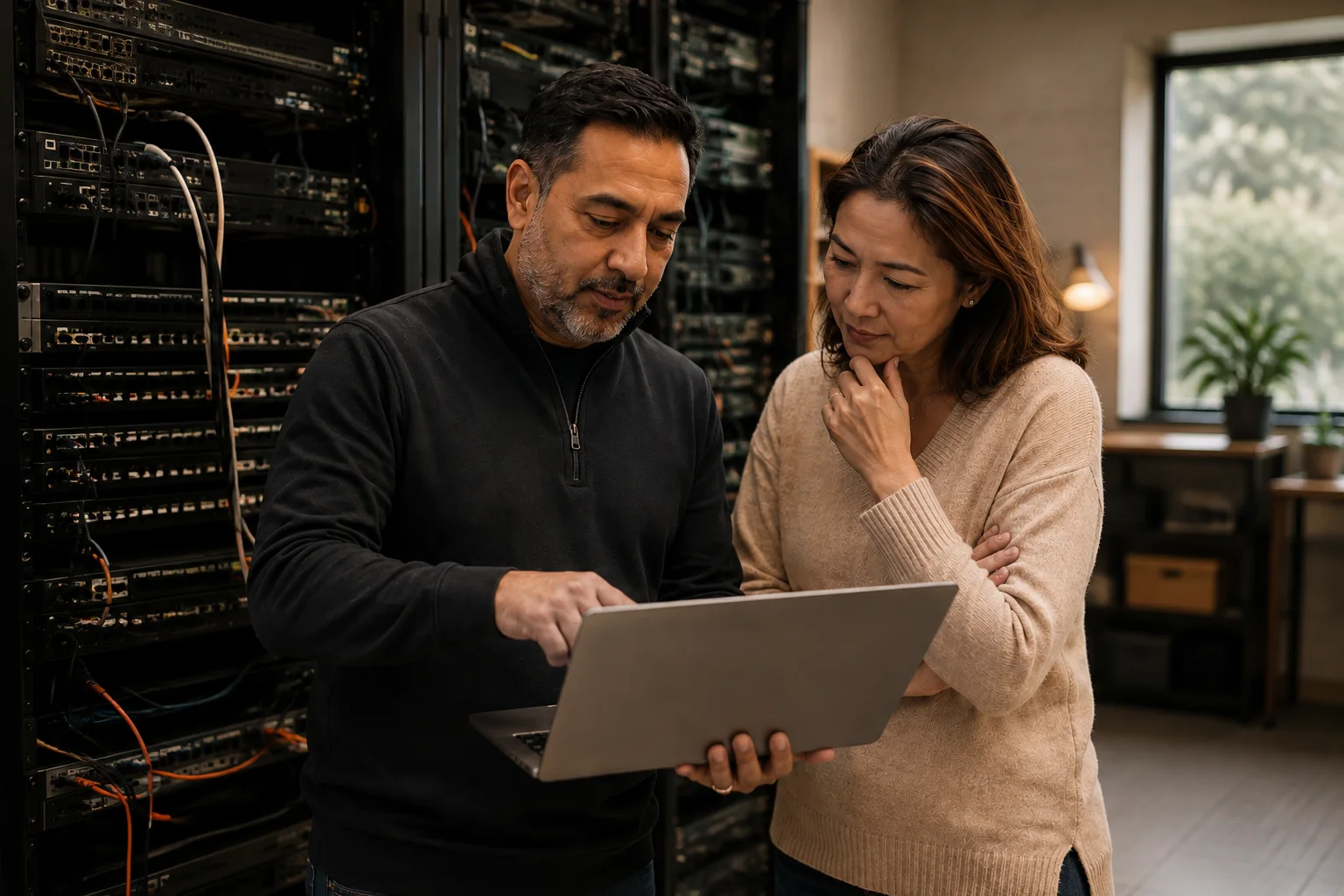 A technology advisor and a business operator reviewing systems together in a network room.